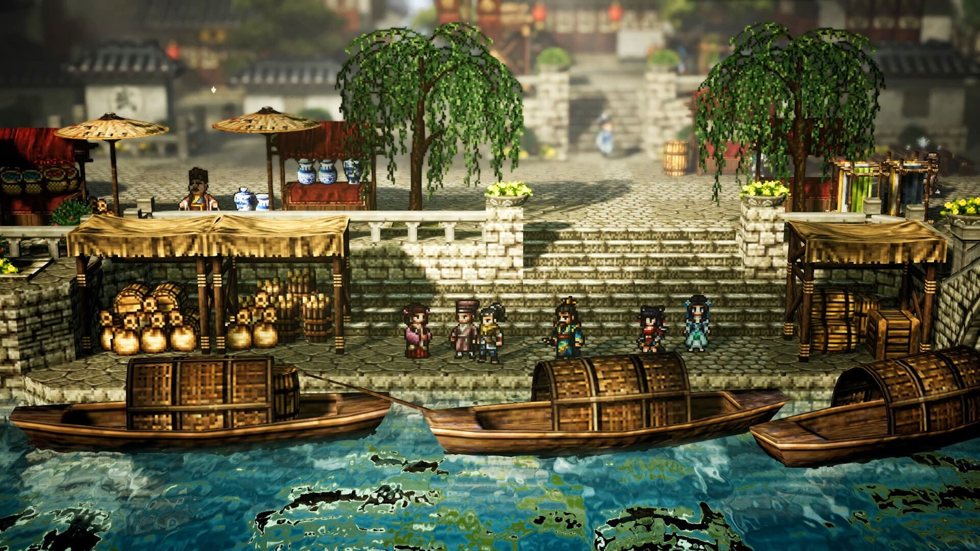 Vintage-style scene with boats on water, people, and traditional architecture.