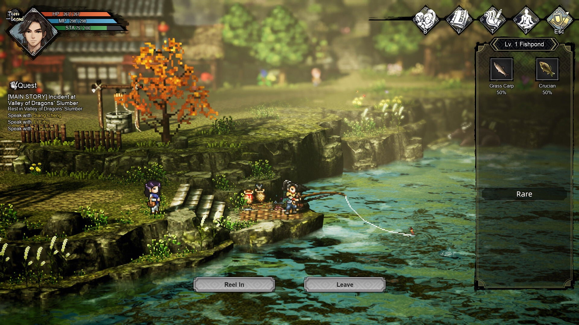 Screenshot of a video game with a character fishing by a stream, surrounded by trees and buildings.