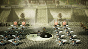 Game scene with characters and robots in a circular arena