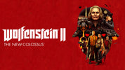 Promotional graphic for 'Wolfenstein II: The New Colossus' with characters and logo on a red background