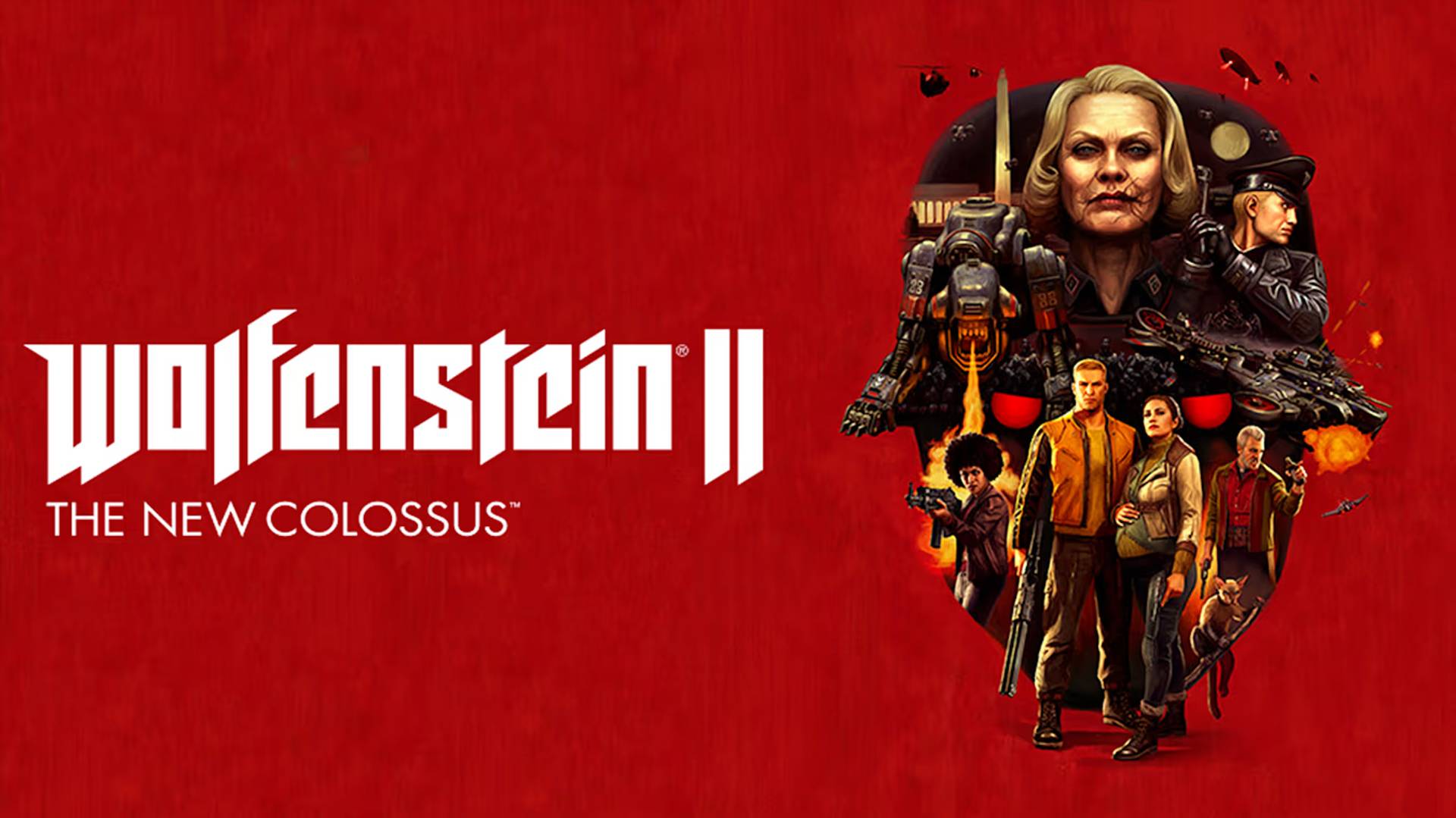 Promotional graphic for 'Wolfenstein II: The New Colossus' with characters and logo on a red background
