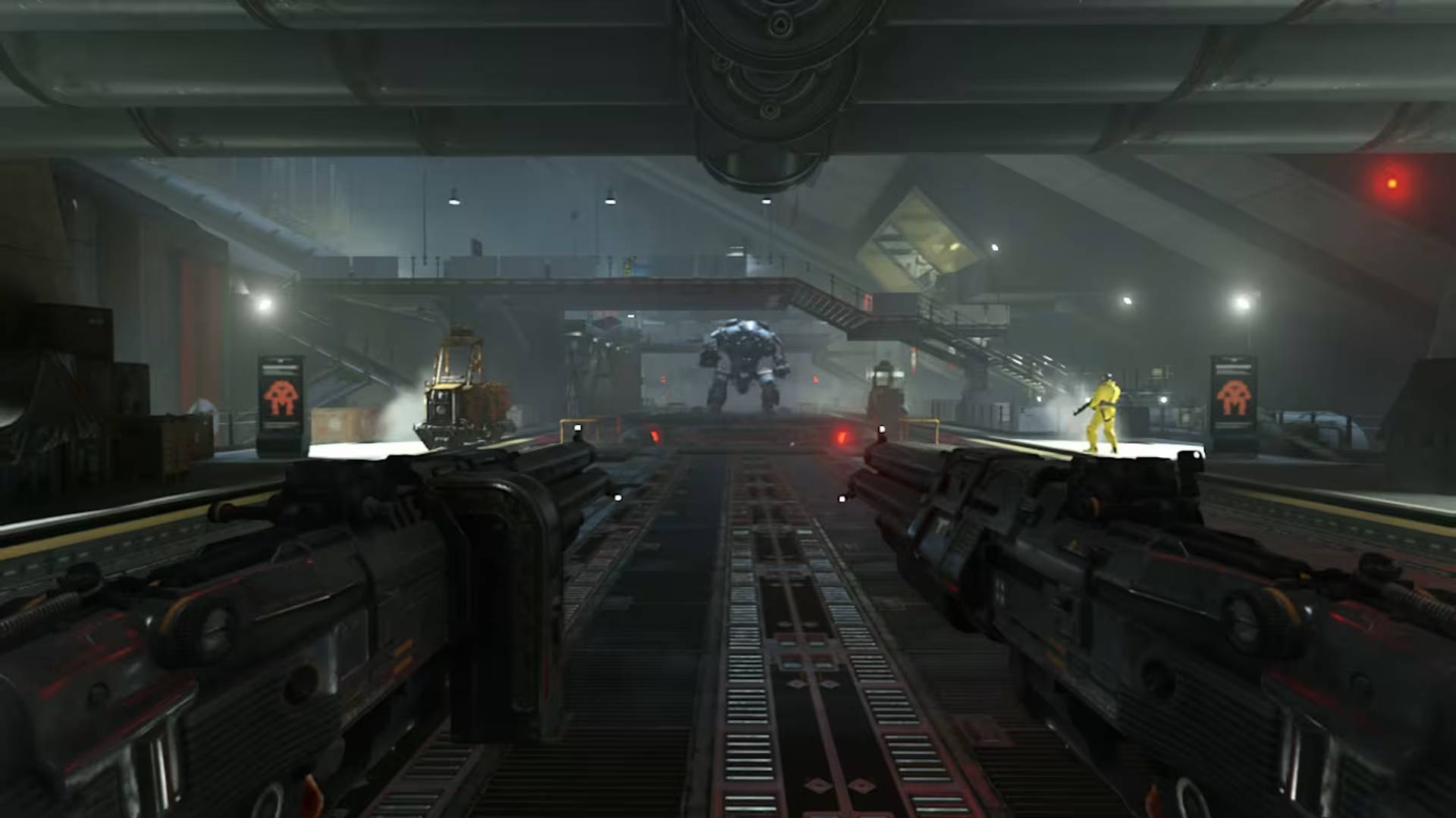 Sci-fi industrial setting with large robot and workers in a futuristic facility