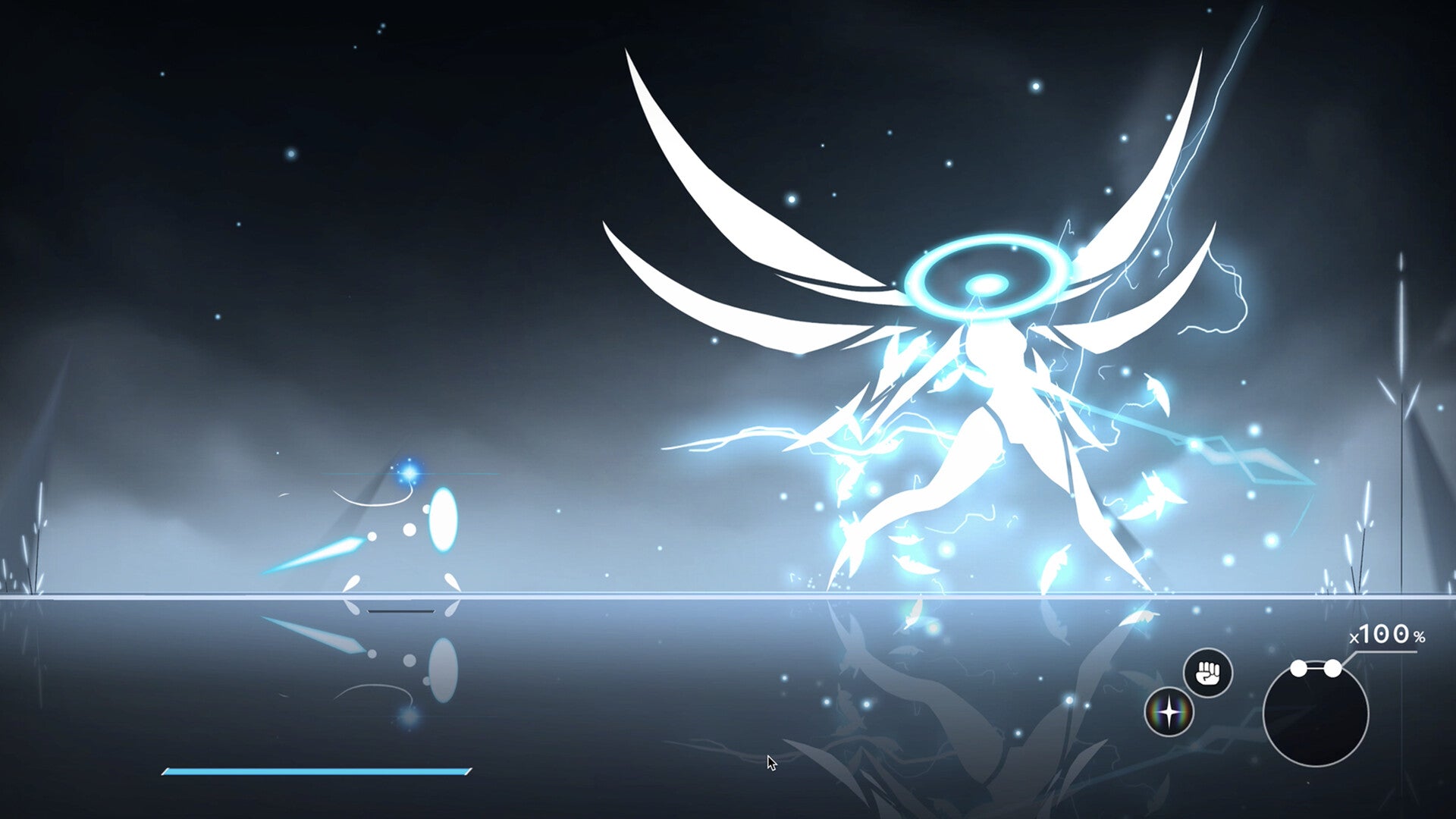 Stylized character with wings and glowing blue energy on a dark background