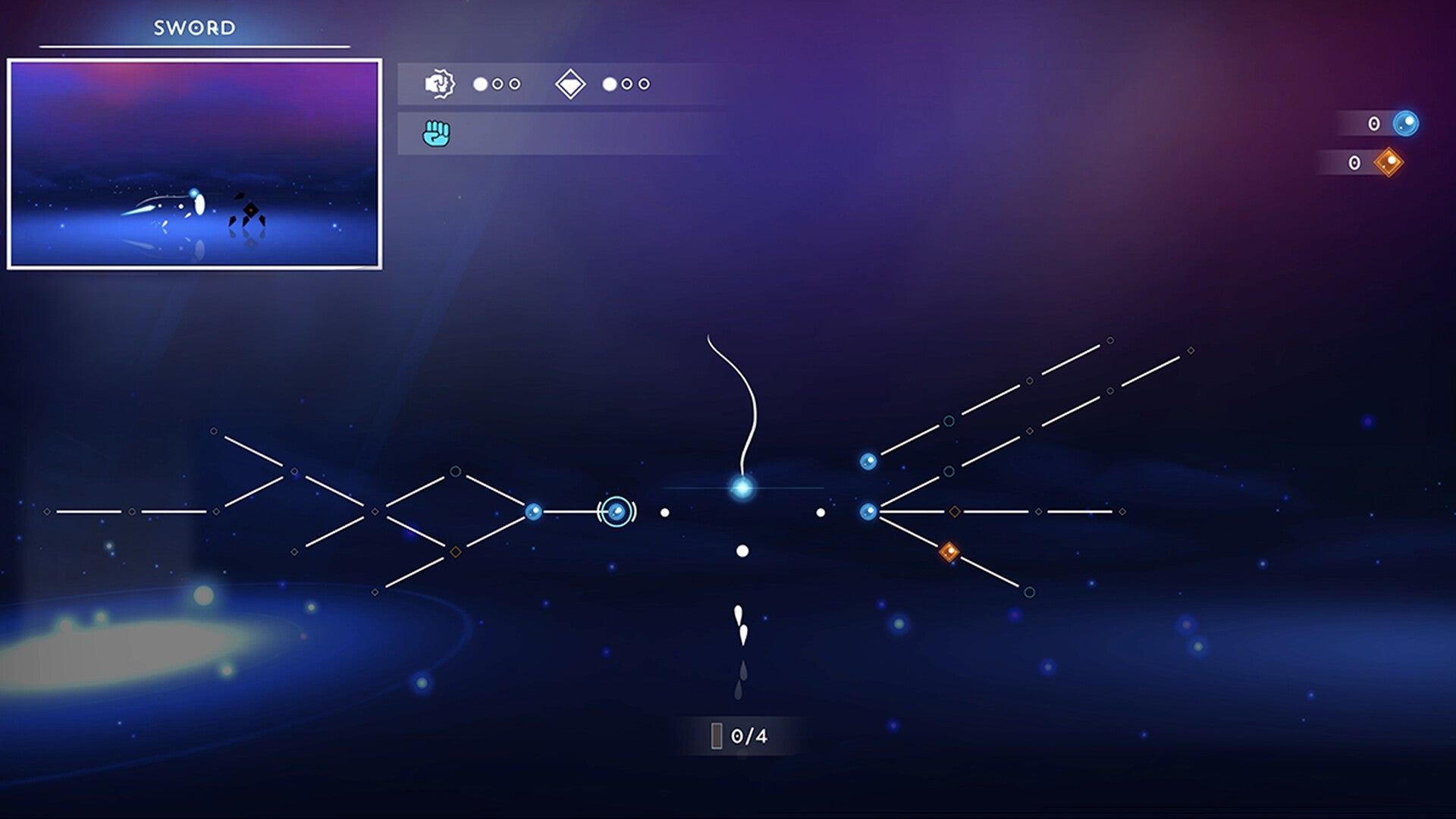 Game interface with a sword icon and user interface elements on a dark background