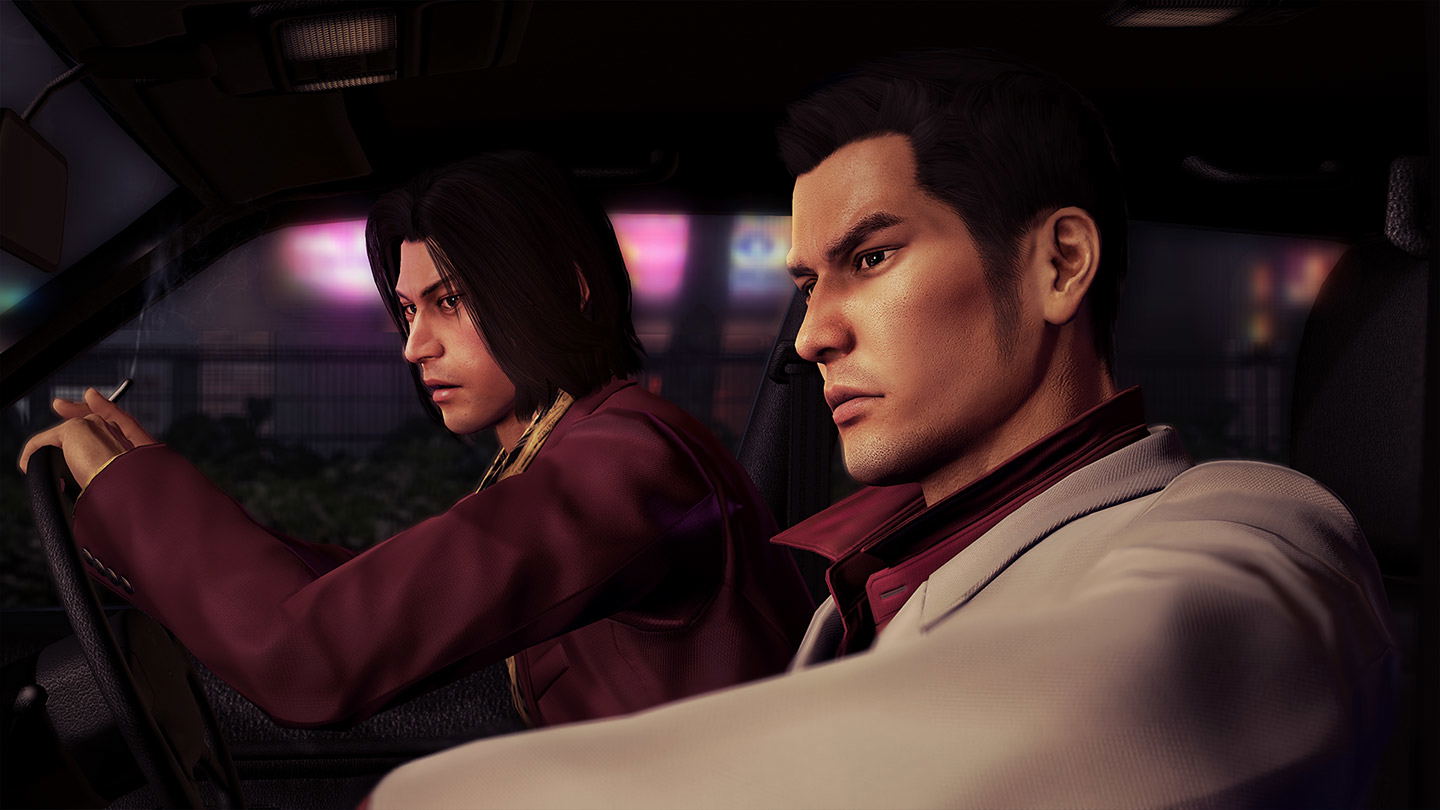 Two characters in a car at night with city lights in the background