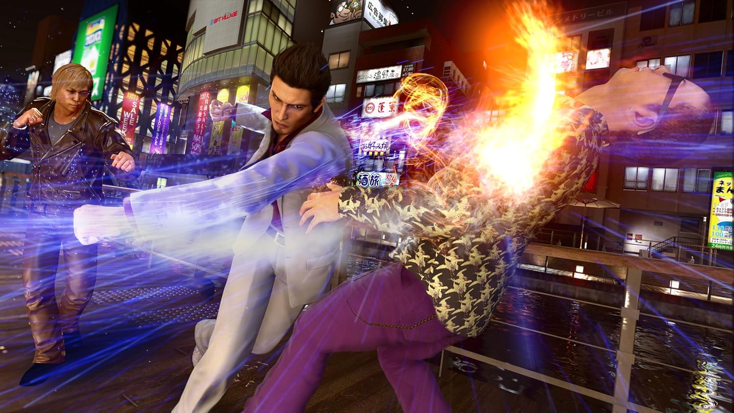 Action-packed scene from a video game with characters in a city street setting.