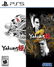 Yakuza Kiwami 2 game cover with dragons and faces, featuring the PS5 logo.