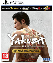 Yakuza Series 20th Anniversary Edition packaging with a character showing tattoos on a gray background.