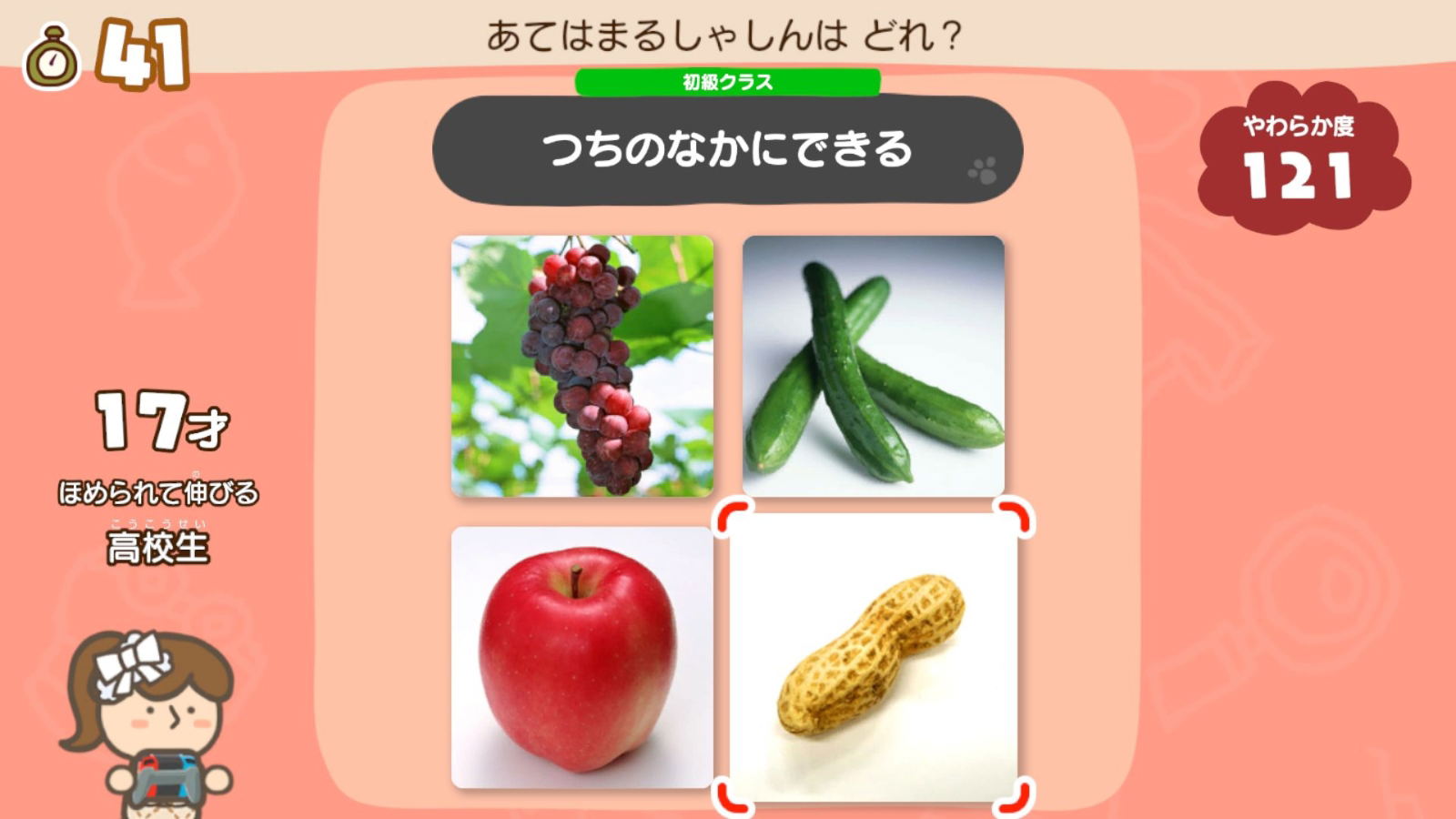 Educational game screen with images of berries, beans, an apple, and a peanut on a pink background.