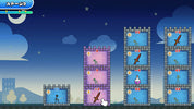 A stylized 2D game scene at night showing several tower-like platforms with numbered slots, stars, coins, and small illustrated characters. The scene resembles a video game interface rather than a physical retail product photo, so this fits Other rather than Product/Packaging or Lifestyle.