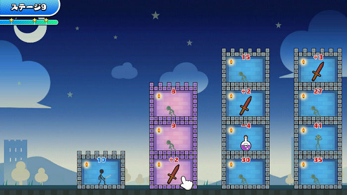 A stylized 2D game scene at night showing several tower-like platforms with numbered slots, stars, coins, and small illustrated characters. The scene resembles a video game interface rather than a physical retail product photo, so this fits Other rather than Product/Packaging or Lifestyle.