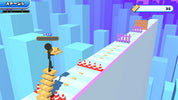A 3D cartoon-style game scene showing a black stick figure character standing on a narrow elevated path made of yellow blocks, with red-and-white traffic cones, purple fences, and a brick platform in a blue and purple blocky city environment. UI elements are visible in the corners.