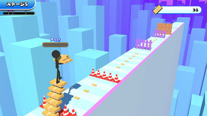 A 3D cartoon-style game scene showing a black stick figure character standing on a narrow elevated path made of yellow blocks, with red-and-white traffic cones, purple fences, and a brick platform in a blue and purple blocky city environment. UI elements are visible in the corners.