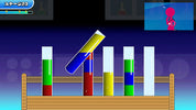 A colorful digital game or animation scene showing a wooden stand with several test tubes containing green, red, yellow, and blue liquids, plus a small inset screen with a pink stick figure.