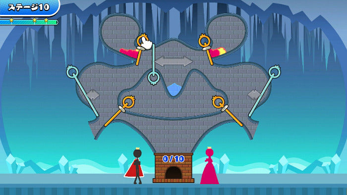 A stylized icy castle scene with a large gray castle silhouette, blue icy background, small character figures at the bottom, and Japanese text in the top-left corner.