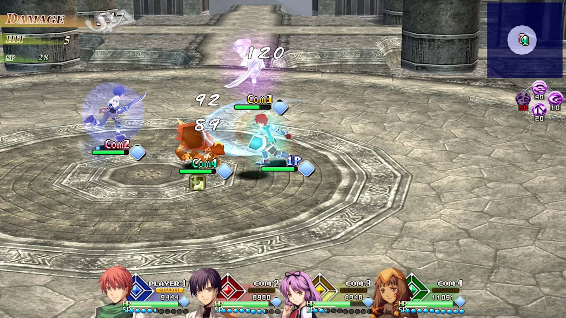 Screenshot of a fantasy game with characters and magical effects on a stone platform.