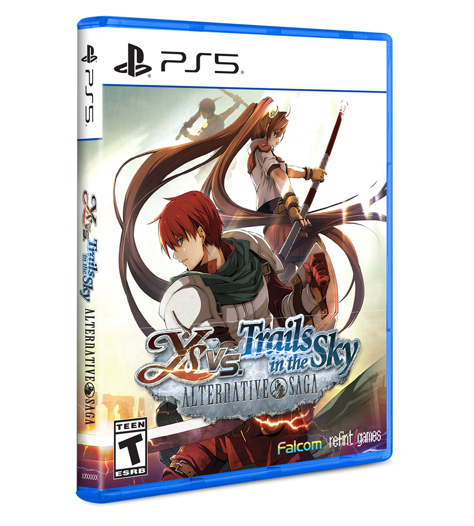 PlayStation 5 game case for 'Xenogears: Trails in the Sky Alternative Saga' with character illustration on a white background.