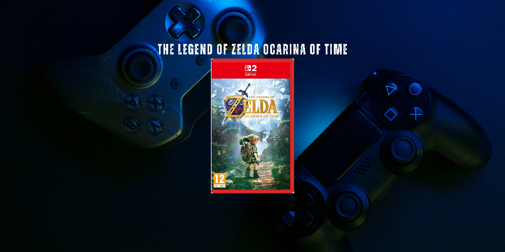 Nintendo Switch game case for The Legend of Zelda: Ocarina of Time centered on a dark blue background, flanked by two game controllers with the title text above.
