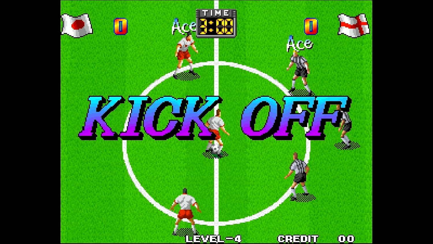Soccer game screen with players and 'KICK OFF' text on a green field