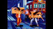 Video game screen with characters on a train platform