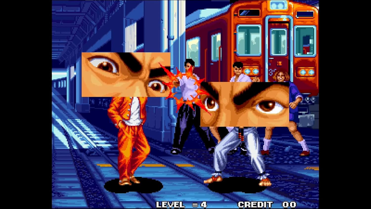 Video game screen with characters on a train platform