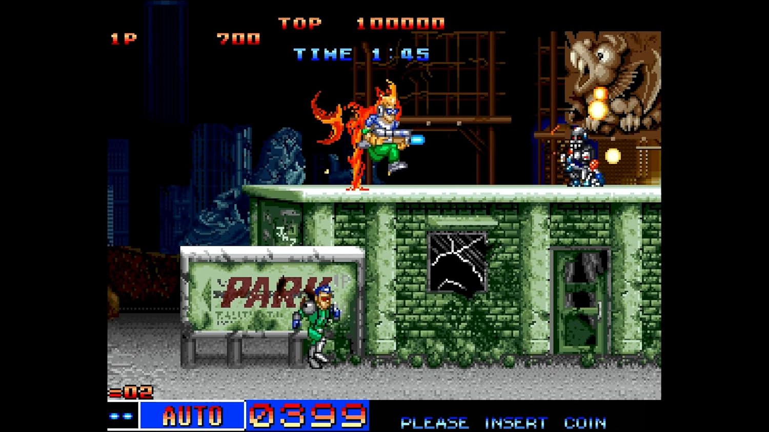Vintage video game screen with a character in a green outfit and fiery hair, standing on a platform with a brick wall and 'PARK' sign.