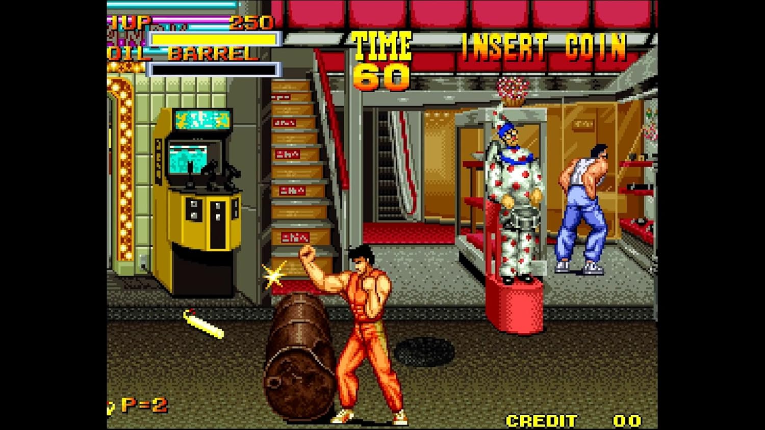 Vintage video game screen with two characters in a arcade setting