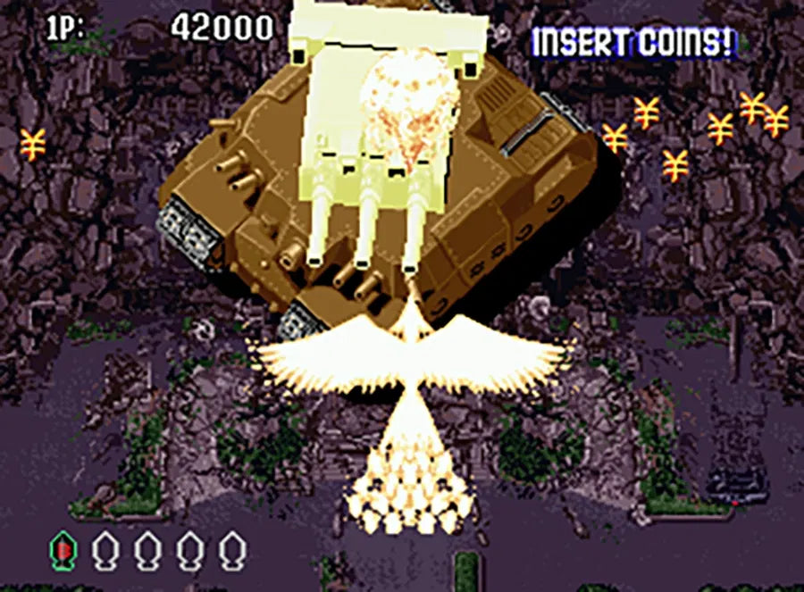 Pixelated game scene with a large robot-like creature and 'Insert Coins!' text.