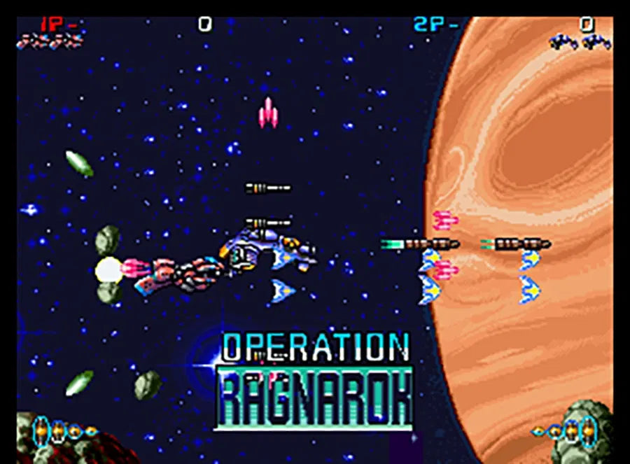 Space shooter game 'Operation Ragnarok' with spacecraft and alien ships on a starry background.