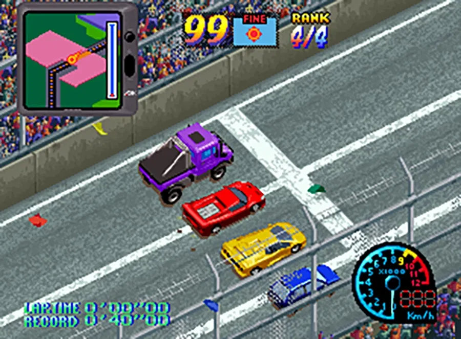 Screenshot of a racing game with cars on a track, player information, and game interface elements.