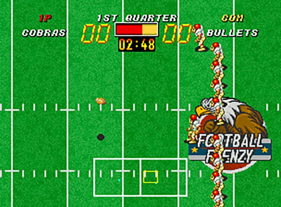 Screenshot of a vintage video game with a football field layout and character graphics.