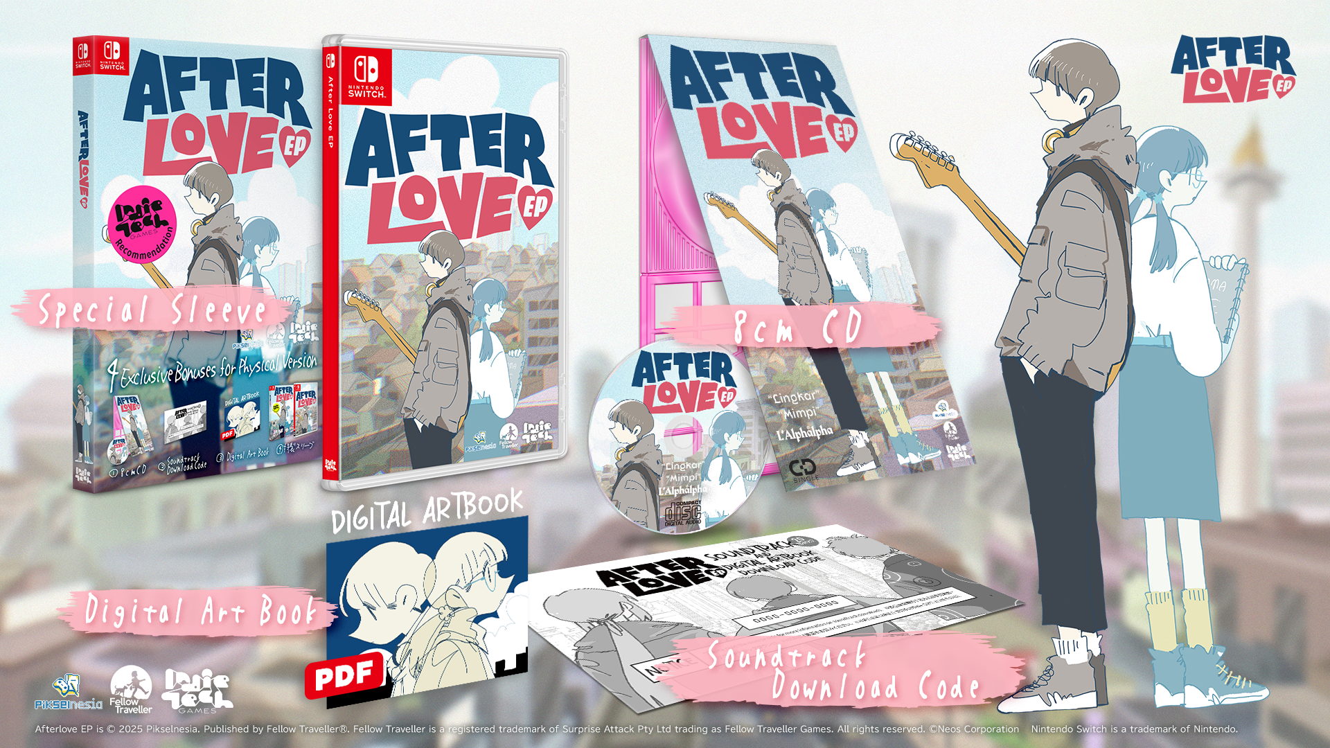 After Love 07 game package and included contents display on a soft blurred city background. The image shows the game box, special sleeve, 8cm CD, digital art book, soundtrack download code, and character art.