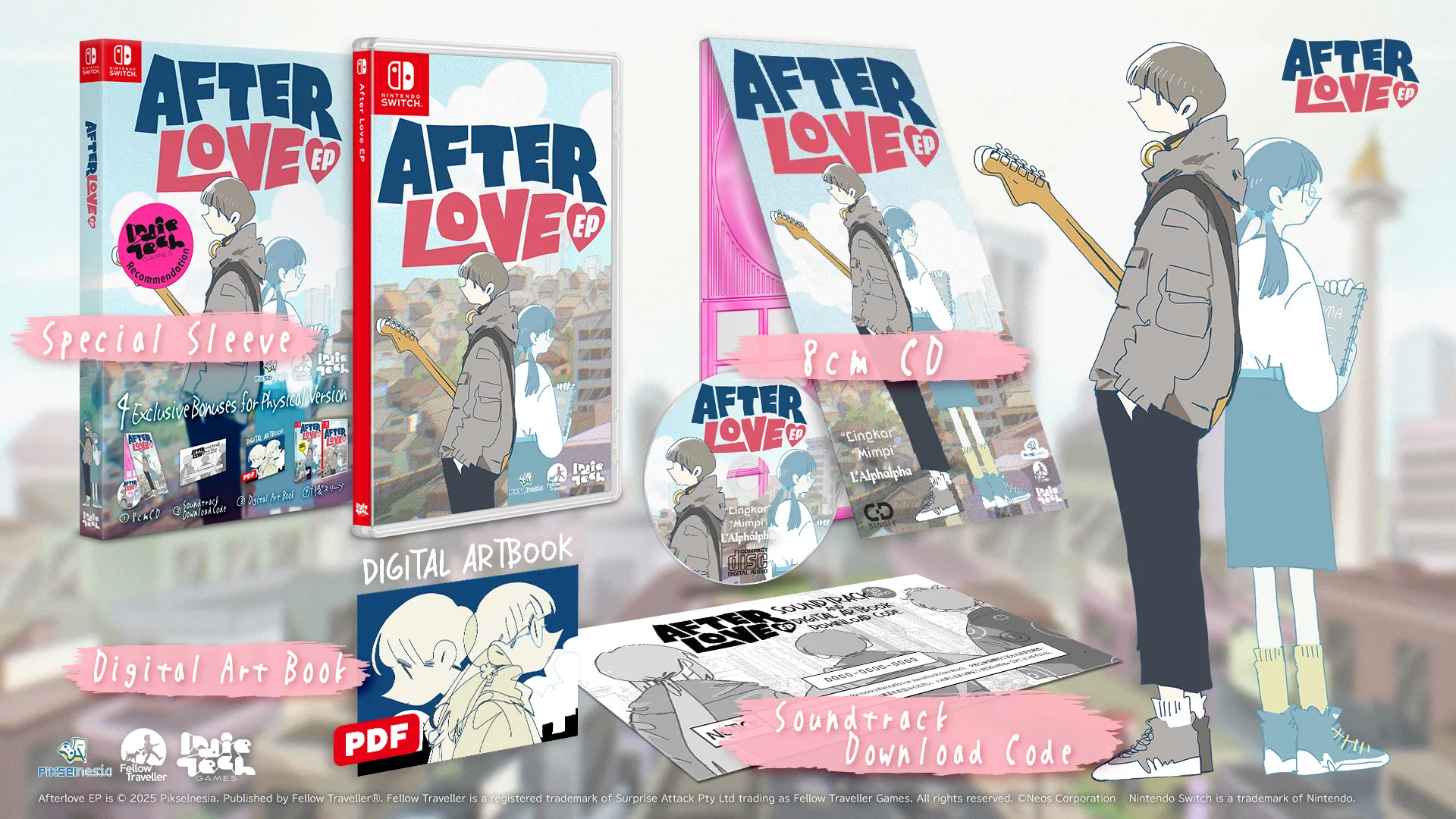 After Love 07 game package and included contents display on a soft blurred city background. The image shows the game box, special sleeve, 8cm CD, digital art book, soundtrack download code, and character art.