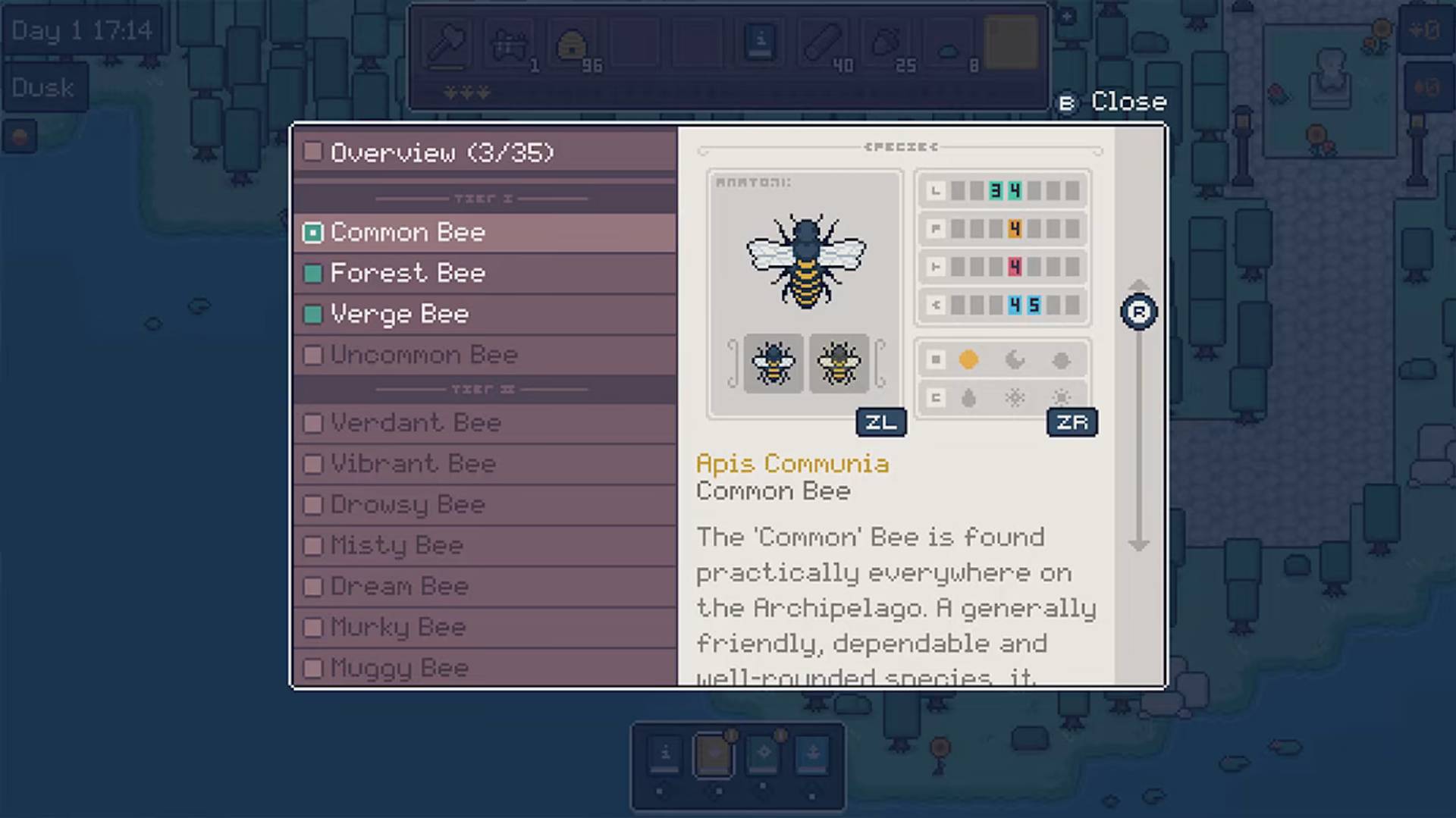 Game interface showing bee species selection with a focus on the 'Common Bee' details.