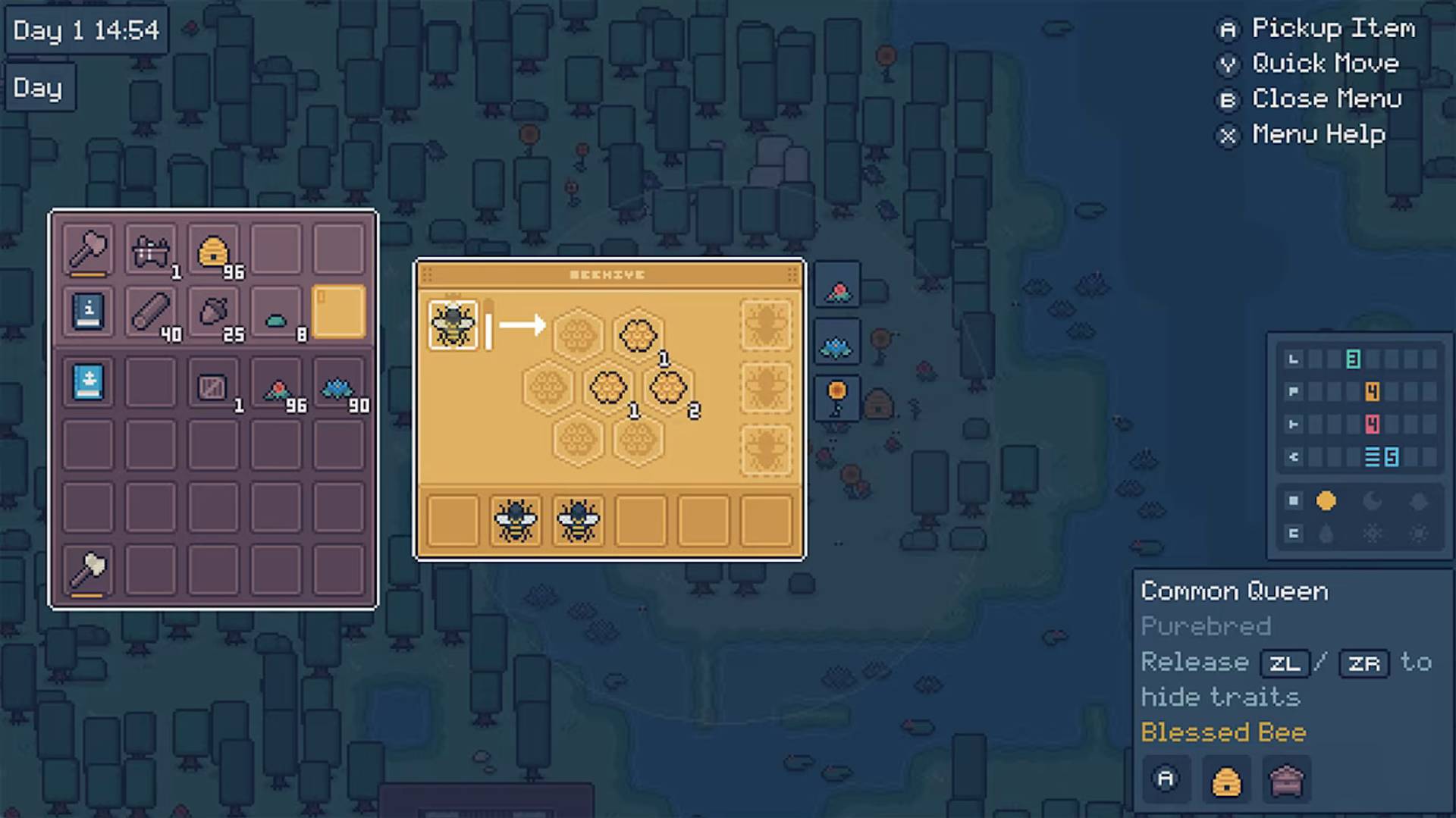 Game interface with inventory and map on a dark background