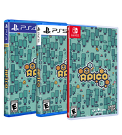 Three game cases for PlayStation 4, PlayStation 5, and Nintendo Switch with a patterned design and Apollo branding.