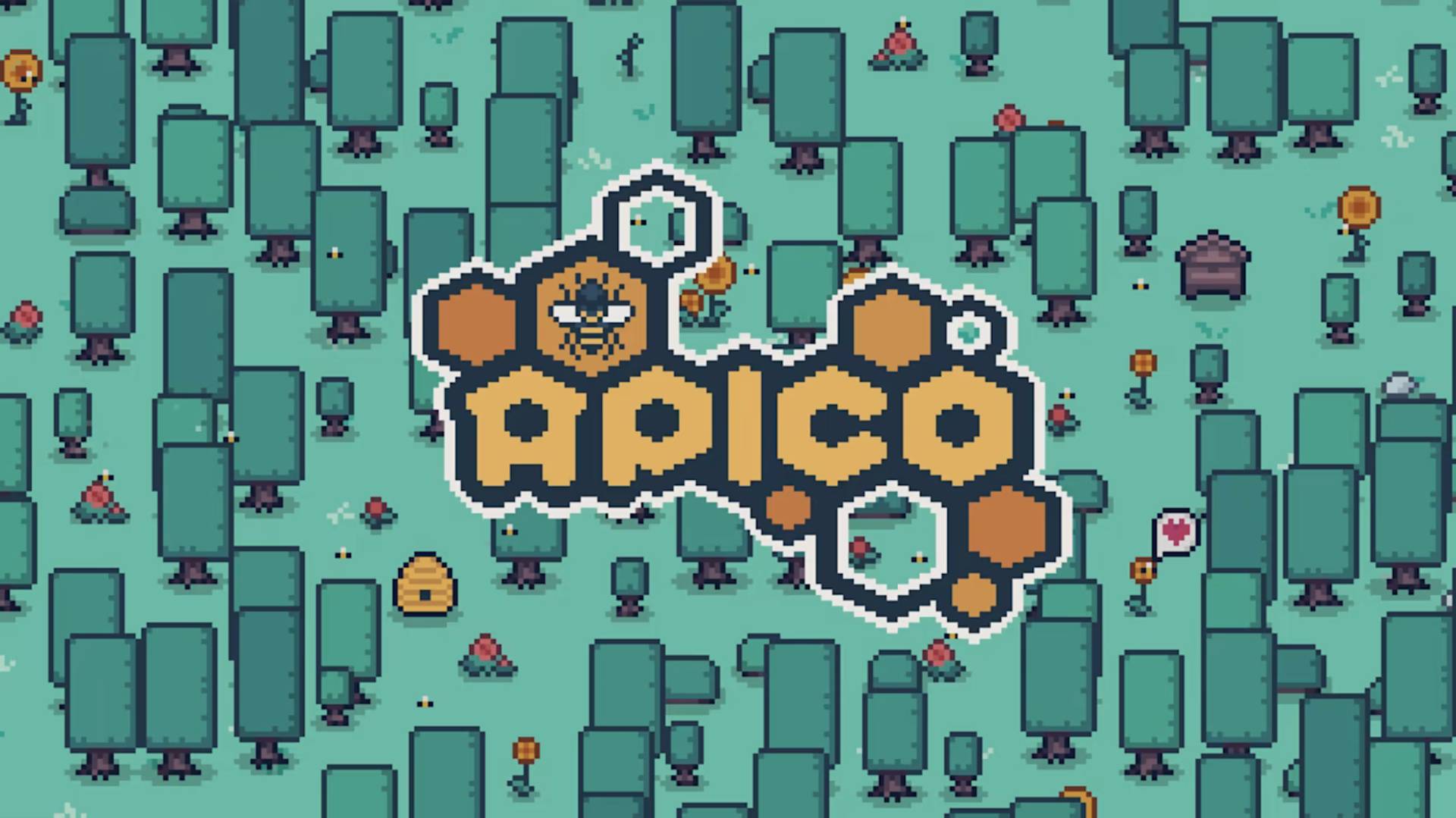 Pixel art game title 'Apico' with a forest background