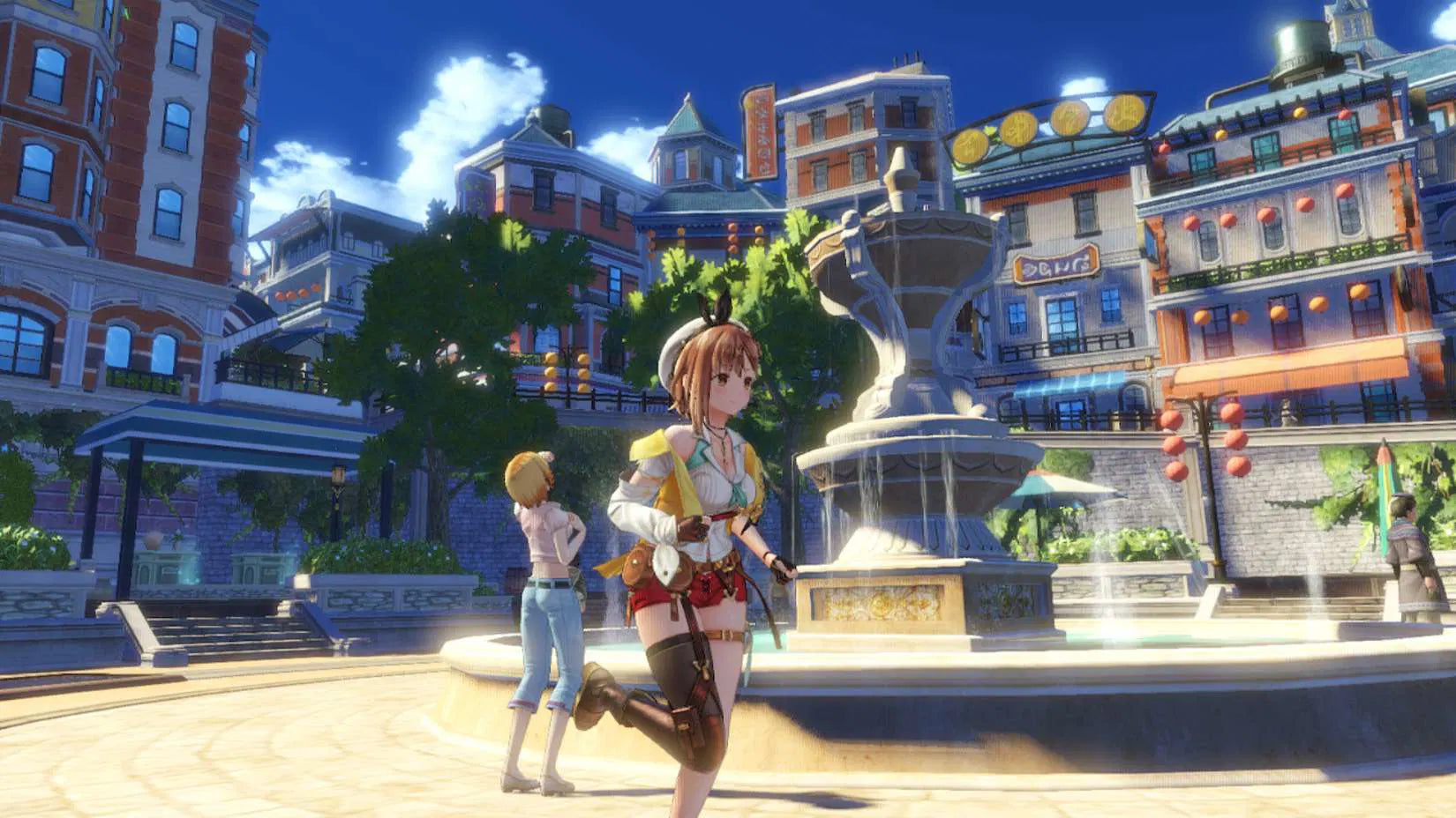 Two animated characters in a city square with a fountain and colorful buildings.