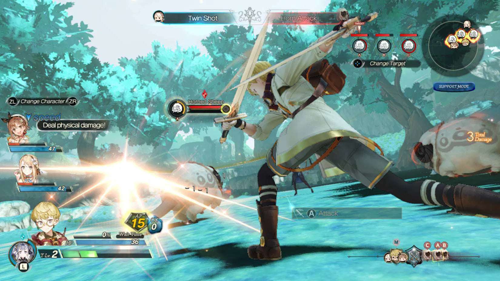 Character in a fantasy game performing an action with health and skill bars displayed.