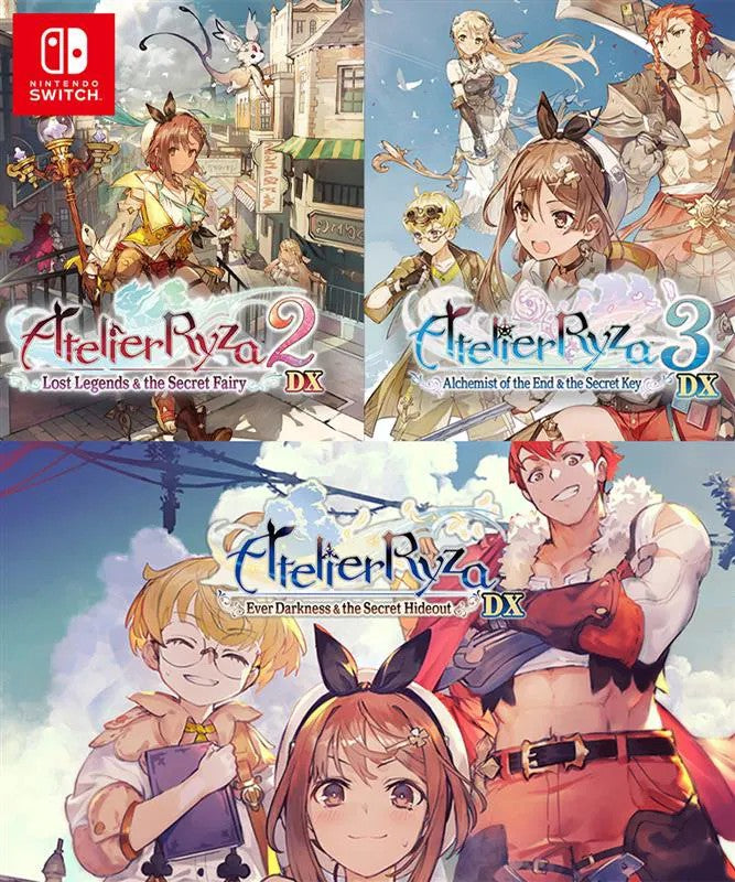 Collage of Atelier Ryza 2, 3, and 4 game covers on a white background with Nintendo Switch logo.