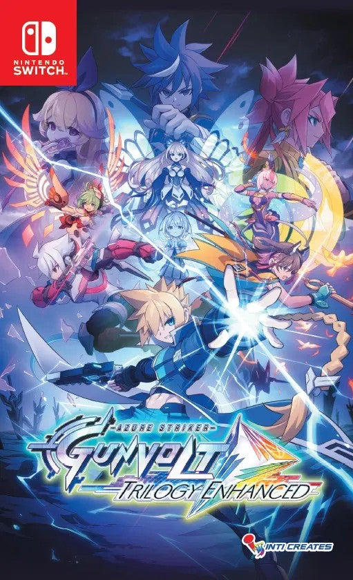 Cover of 'Gunvolt Trilogy Enhanced' for Nintendo Switch with animated characters and game title.