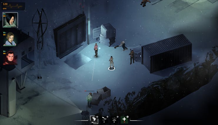 Game interface with character portraits and a dark, snowy environment