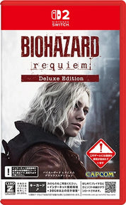 Biohazard Requiem Deluxe Edition packaging for Nintendo Switch with a character's face on a red background.