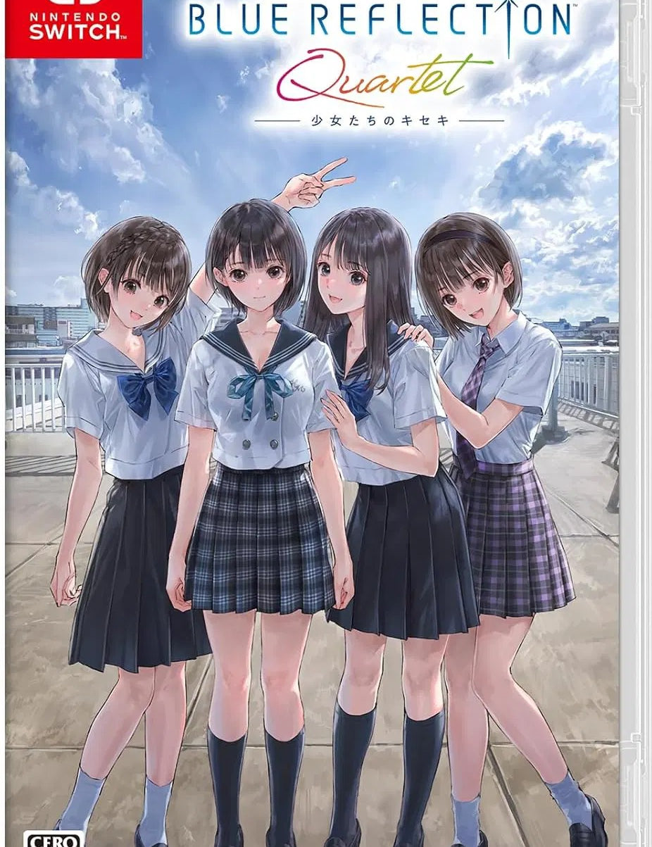 Game case for 'Blue Reflection: Quartet' on Nintendo Switch with four animated characters in school uniforms.