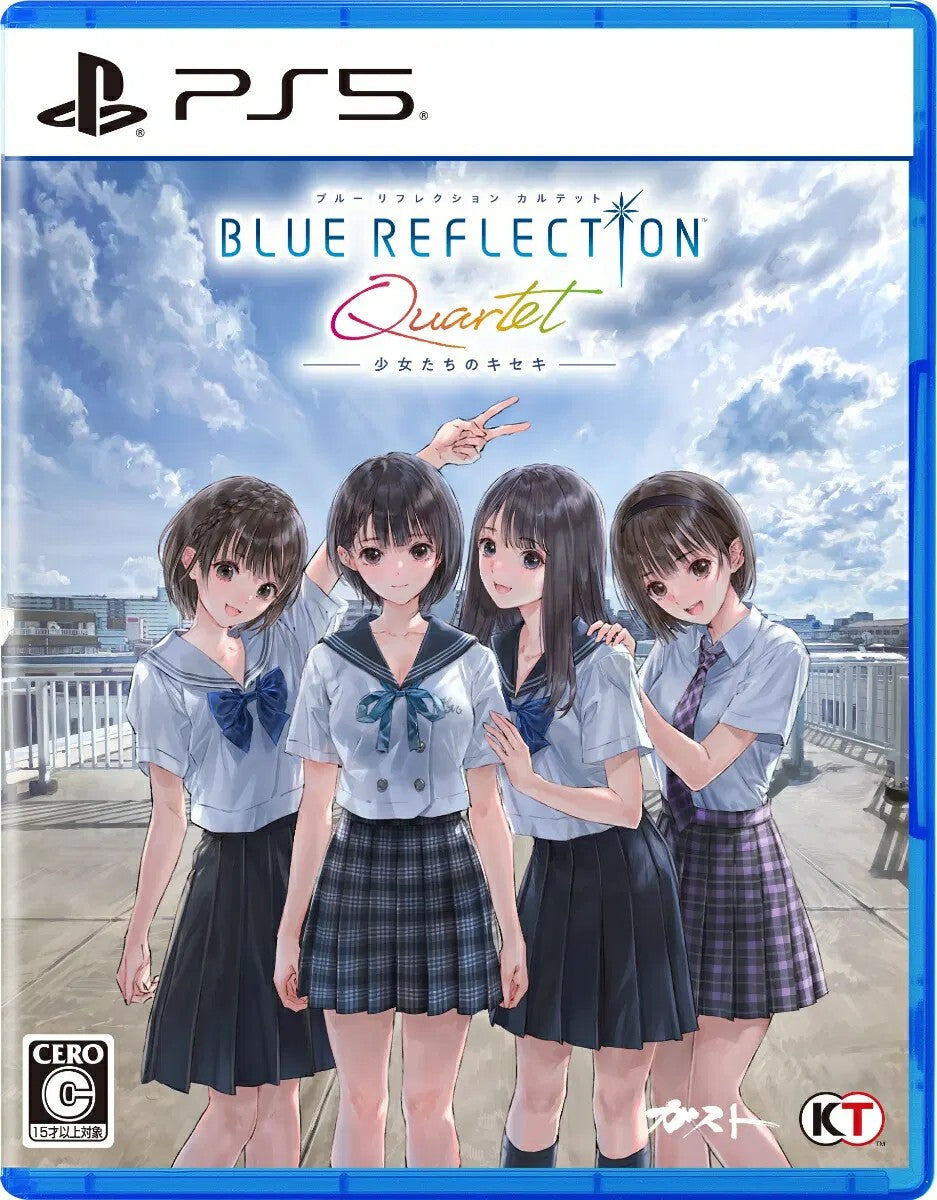 Video game cover for 'Blue Reflection: Quintet' with four animated characters on a blue border.