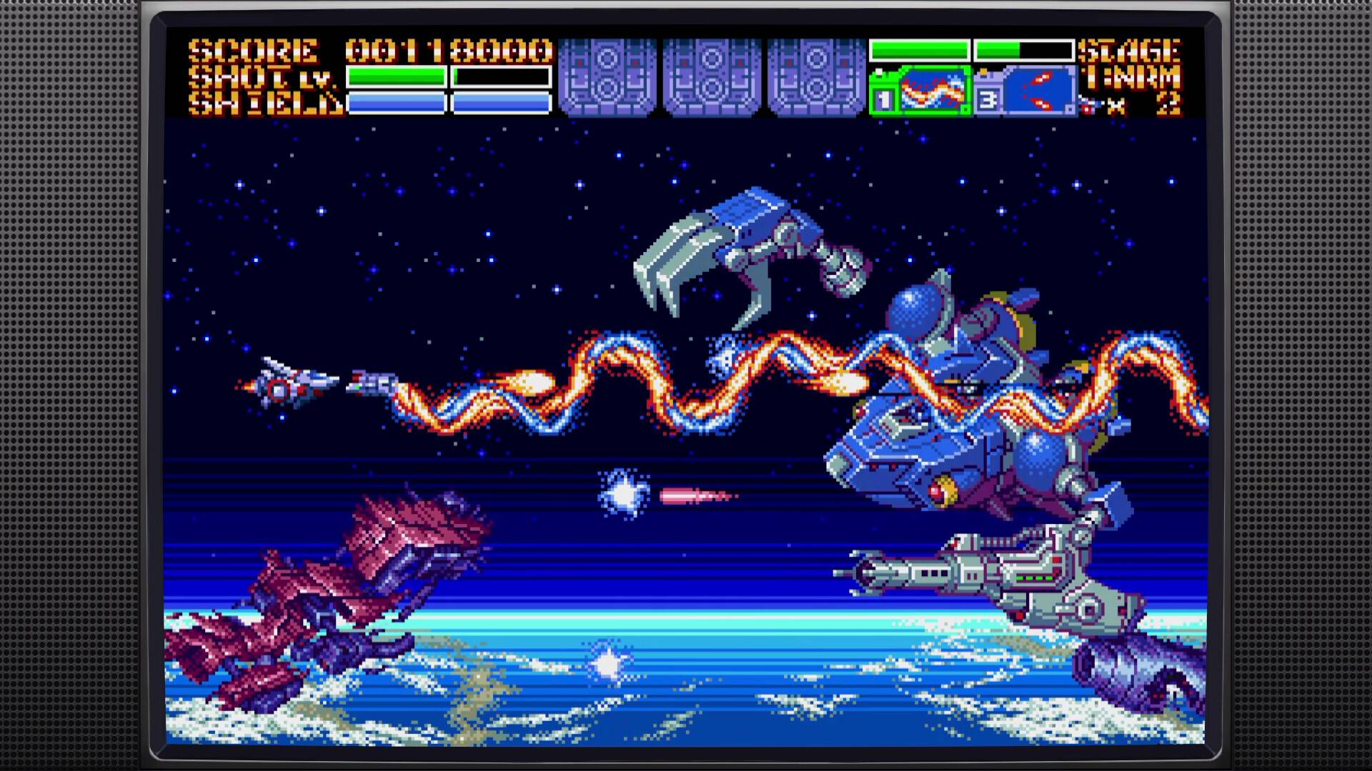 Vintage video game screen showing a space shooter with spacecraft and Earth in the background.
