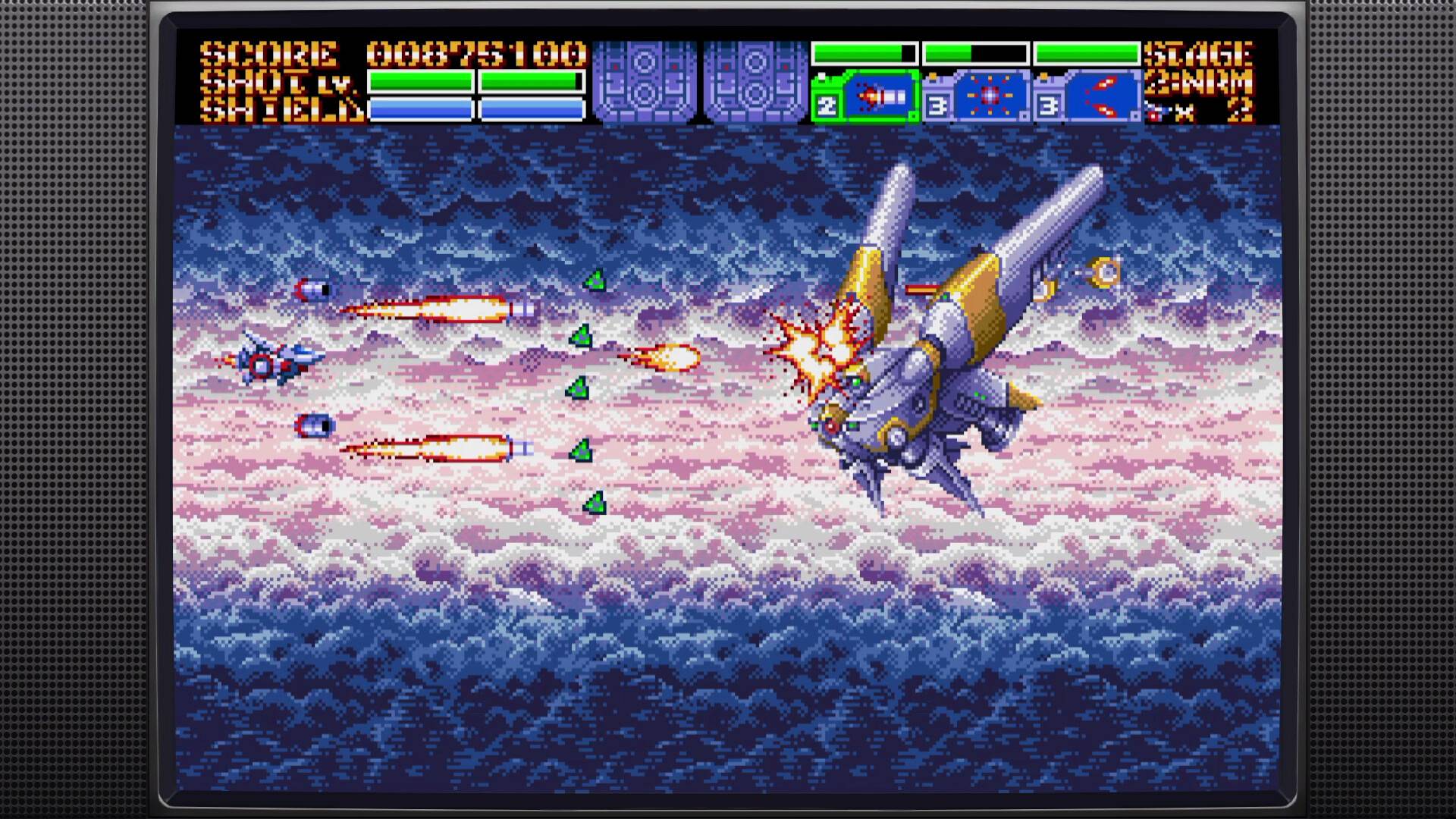 Vintage video game screen with a space shooter game in progress