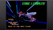 Game over screen with spaceship graphics and text on a dark background
