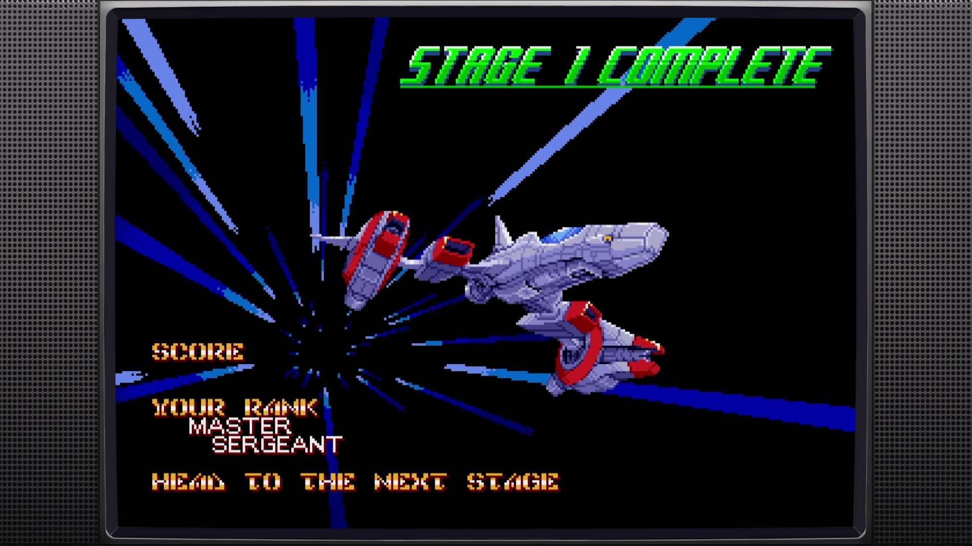 Game over screen with spaceship graphics and text on a dark background