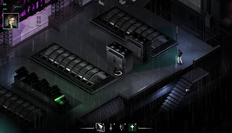 Dark, isometric video game scene with a character standing on a platform.
